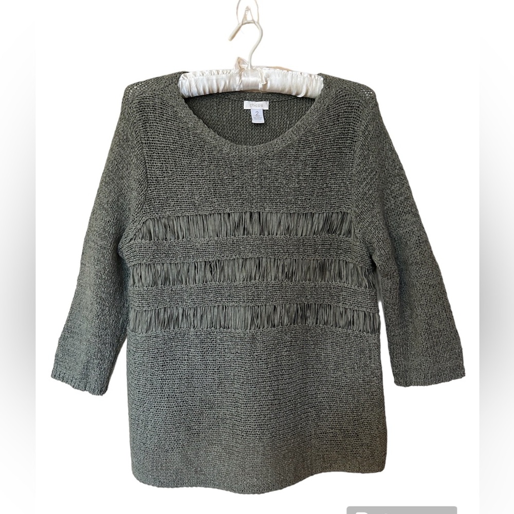 CHICO’S Women’s Tessa Pullover Olive Green Sweater Open Detail Work Size 2 (L)